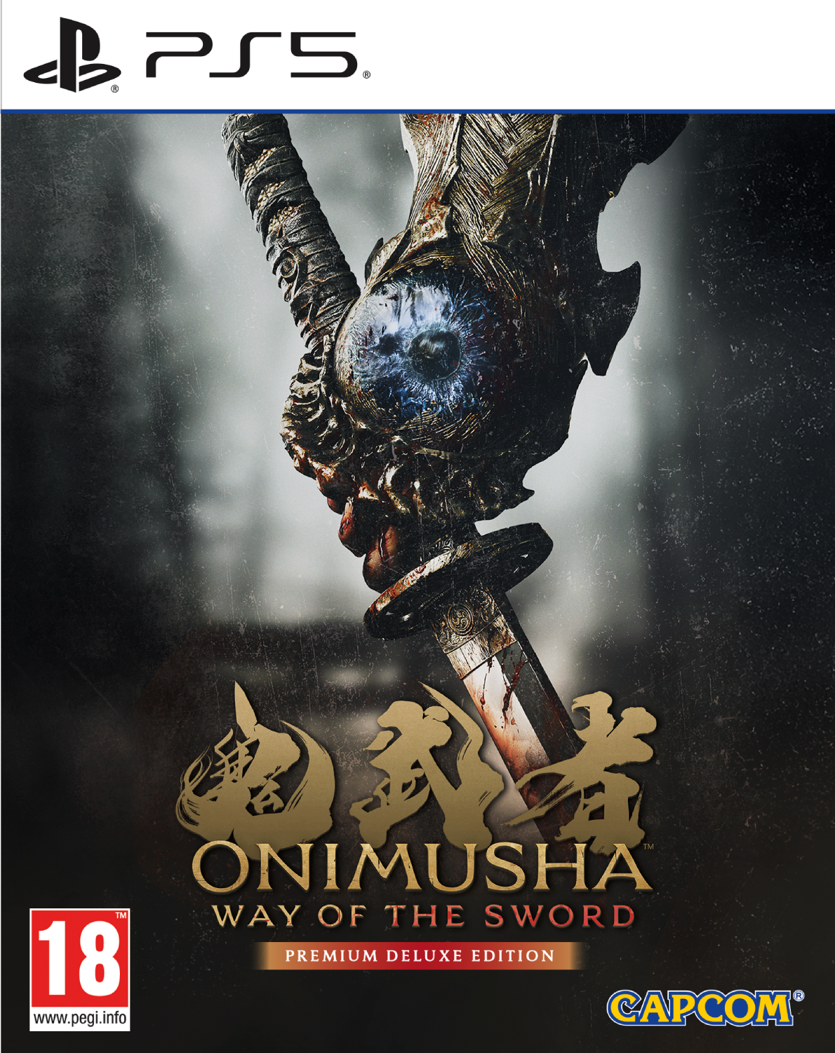 Portada del juego Onimusha Way of the Sword PS5 con espada y ojo.