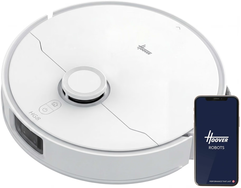 Un robot aspirapolvere bianco Hoover HG8 accanto a uno smartphone che mostra l'app Hoover Robots.