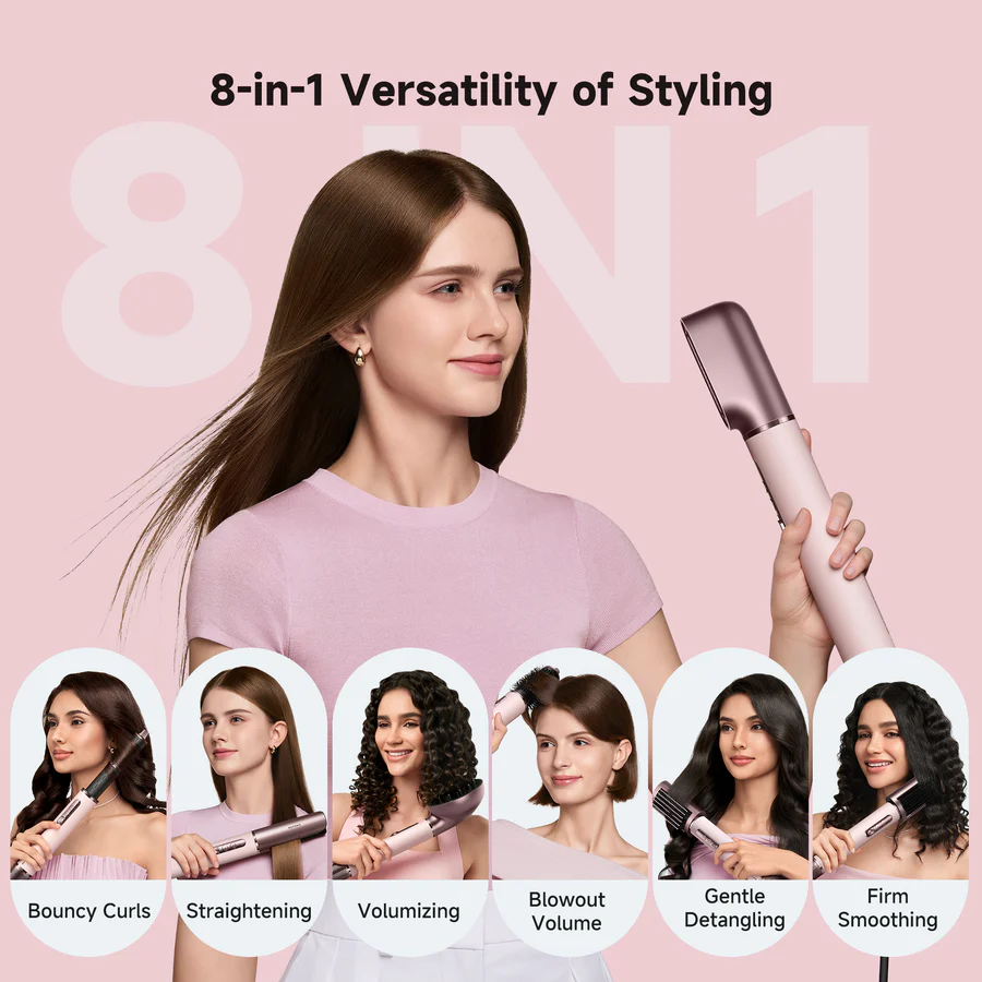 Femme aux cheveux longs tenant un outil de coiffure polyvalent ; 6 coiffures ci-dessous.