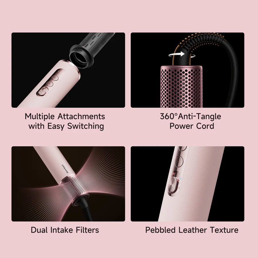 Un sèche-cheveux rose avec accessoires, cordon et texture est montré.