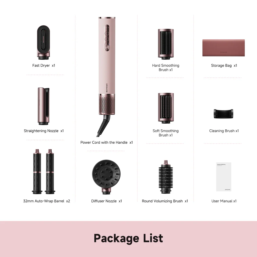 Un set sèche-cheveux rose avec accessoires : embouts, brosses, sac et manuel.
