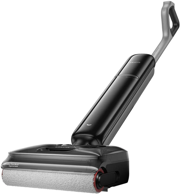 Ein kabelloser Nass-Trockensauger in Schwarz und Silber mit Bürstenrolle.