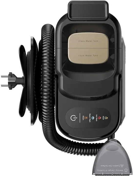 Schwarzer Dampfreiniger mit Schlauch, Kabel und Bedienfeld mit Wassertanks.
