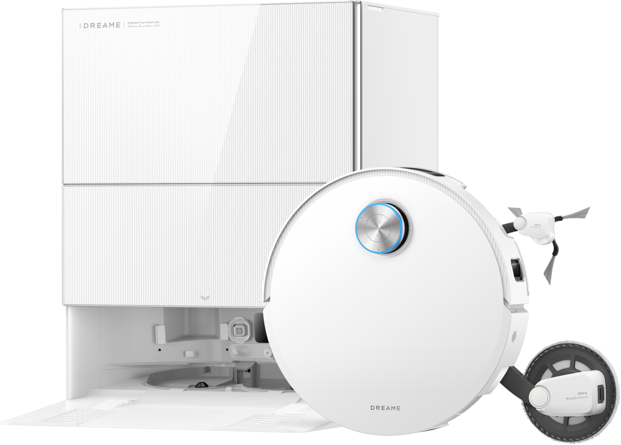 Un robot aspirapolvere bianco con la sua base di ricarica. Il robot ha un'illuminazione blu d'accento.