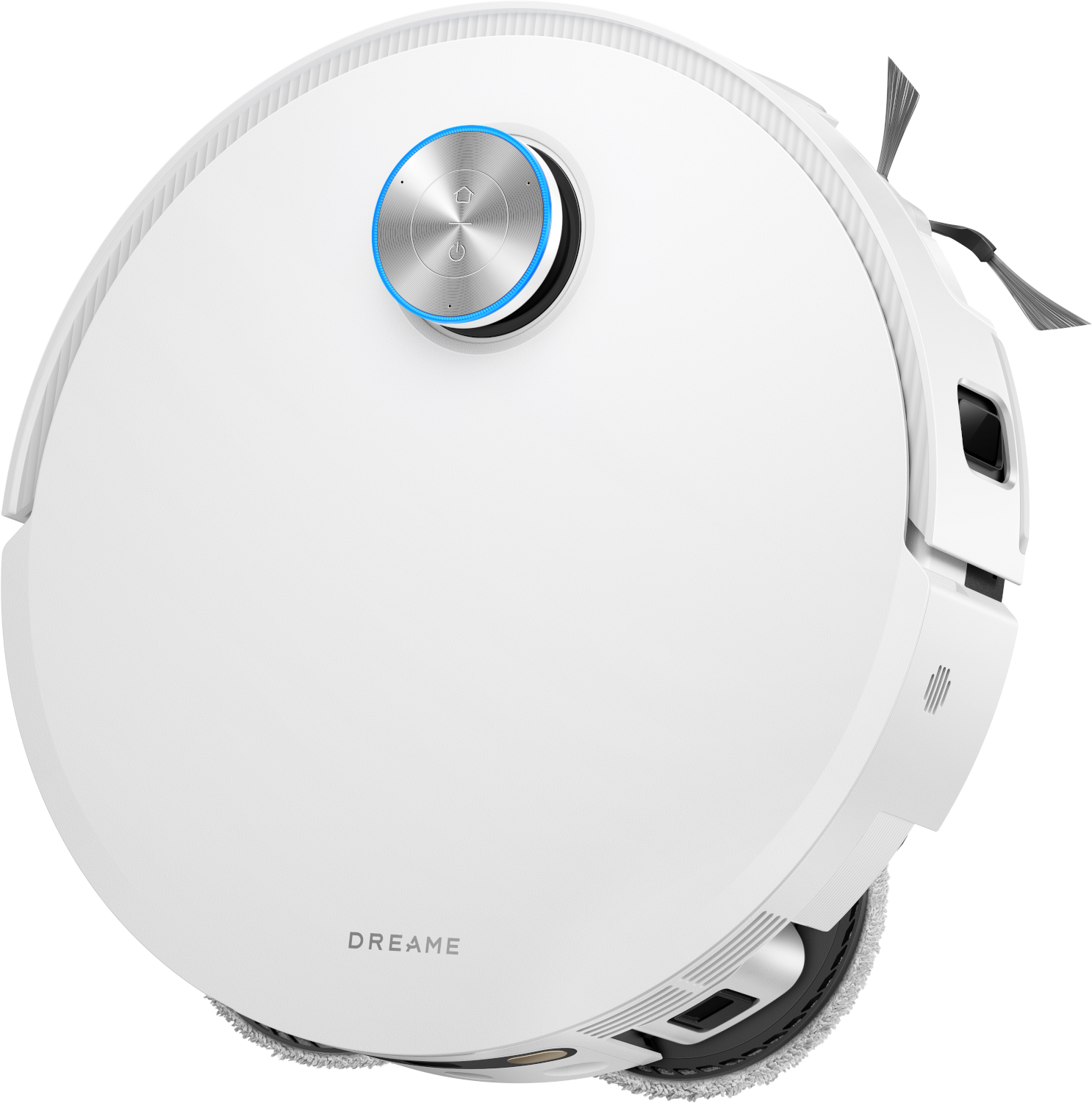 Un robot aspirapolvere bianco con un anello blu attorno al pulsante.