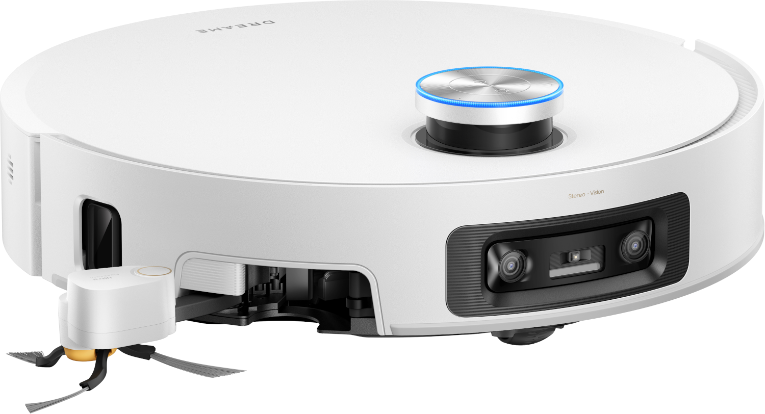 Un robot aspirapolvere bianco con spazzole rotanti e telecamere frontali.