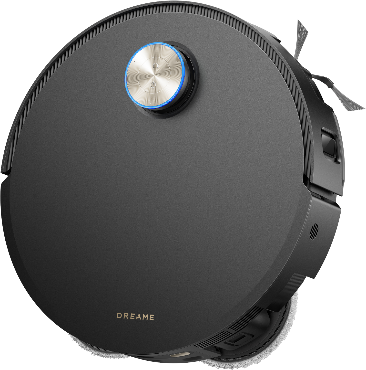 Robot aspirapolvere nero con pulsante argentato e luce blu, logo DREAME.