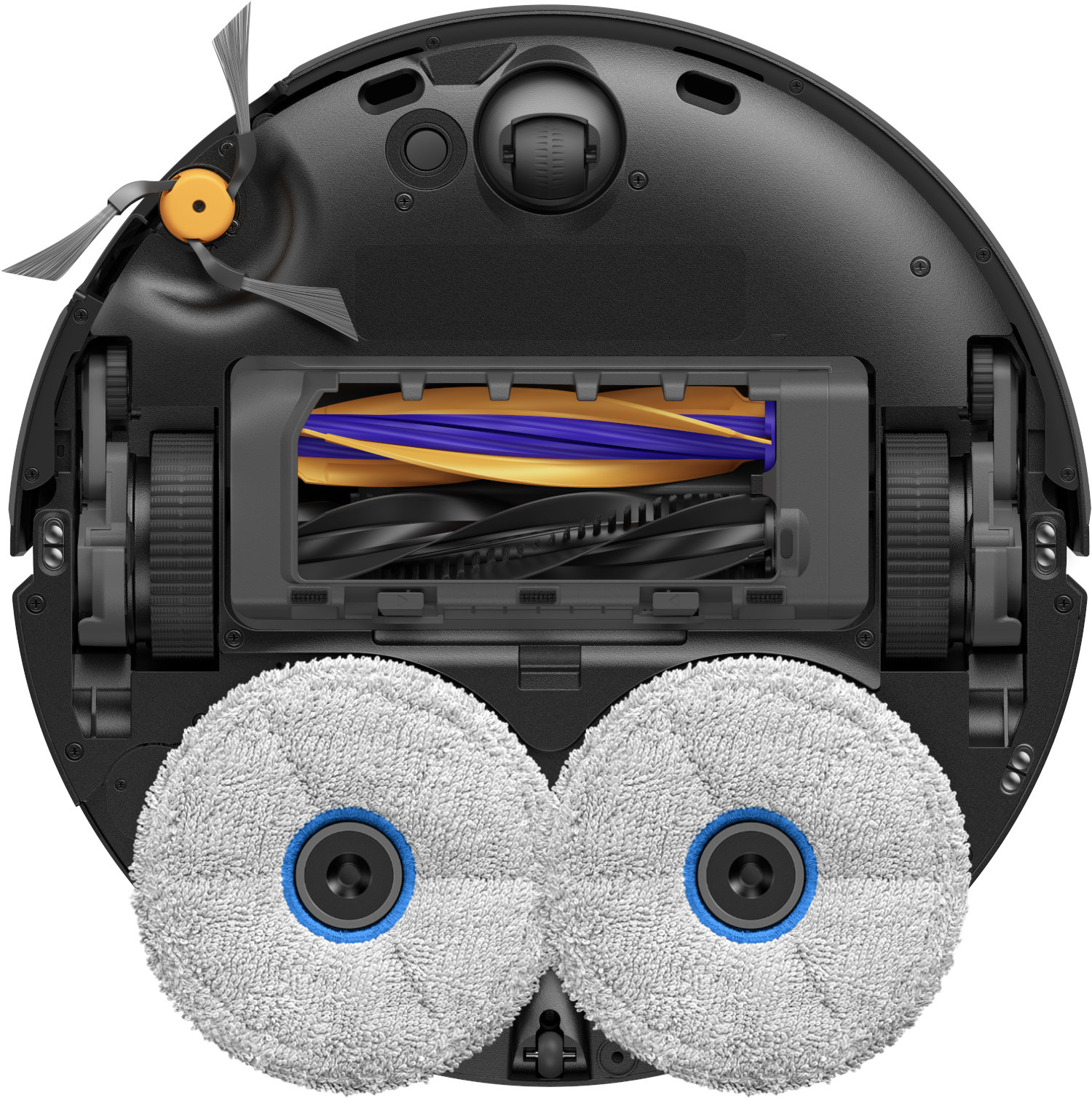 Parte inferiore di un robot aspirapolvere con spazzole, rulli e panni mop.