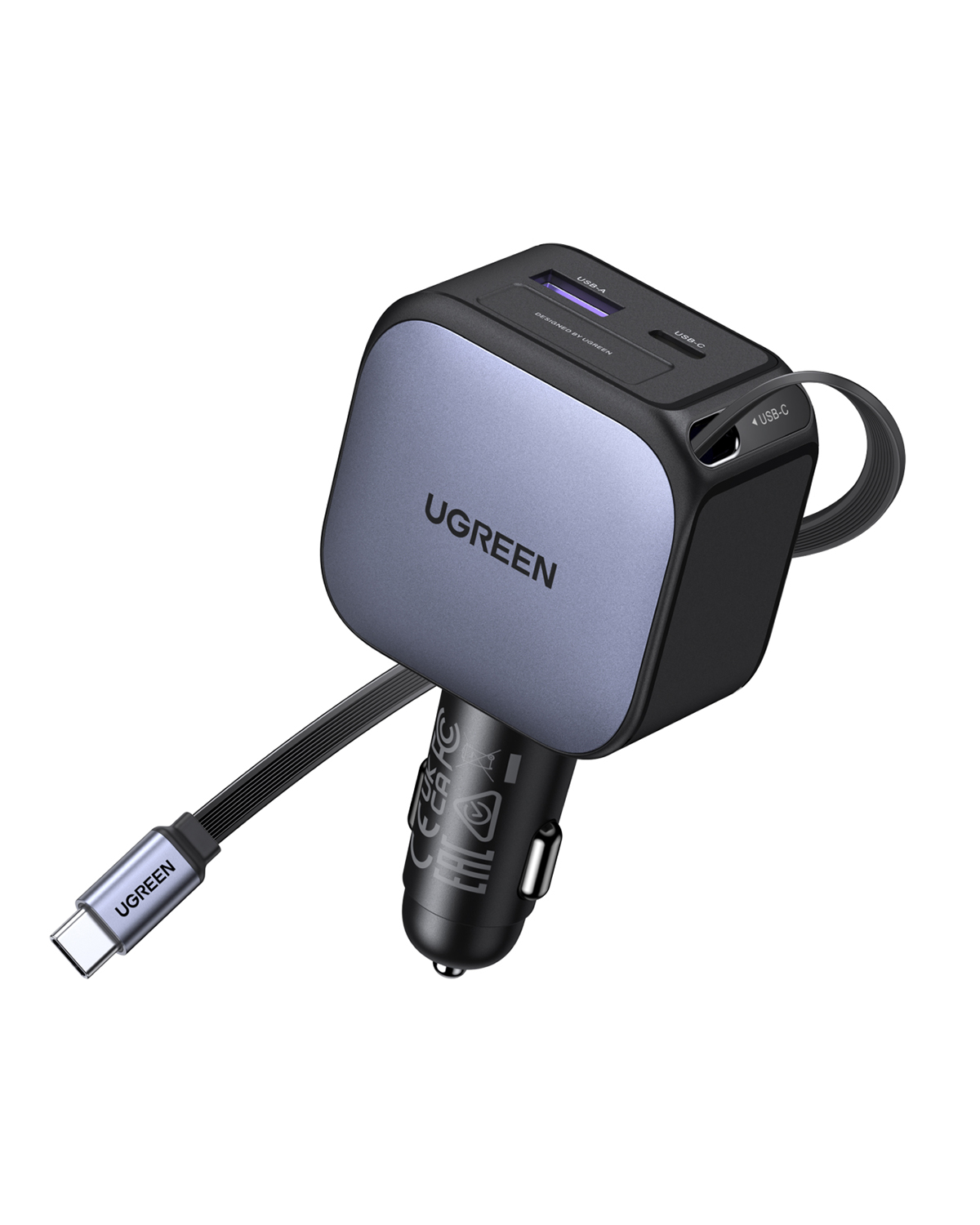 USB-A ve USB-C bağlantı noktalarına sahip siyah bir UGREEN araç USB adaptörü.