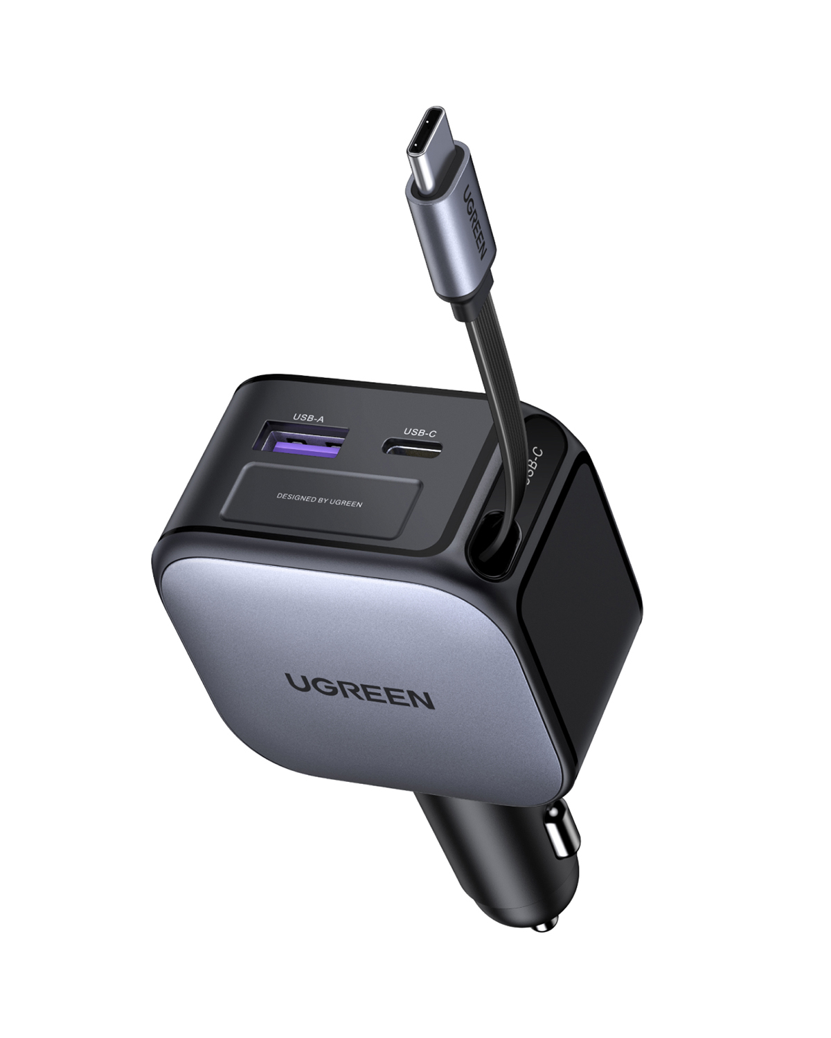 USB-A ve USB-C bağlantı noktalarına ve kabloya sahip siyah bir UGREEN araç şarj cihazı.
