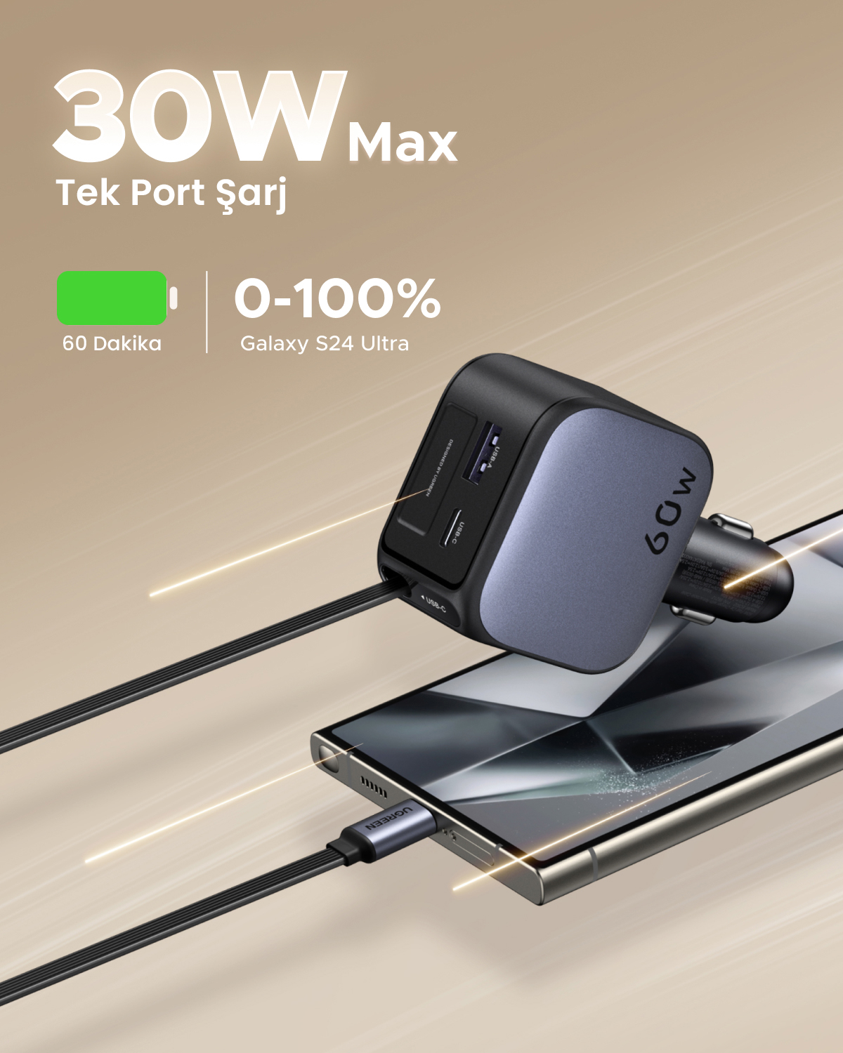 USB-C portlu 30W Max şarj cihazı Galaxy S24 Ultra'yı şarj ediyor.