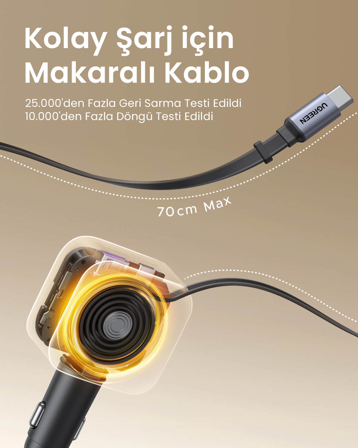 Maksimum 70 cm uzunluğunda, geri sarılabilir USB-C şarj kablosu.