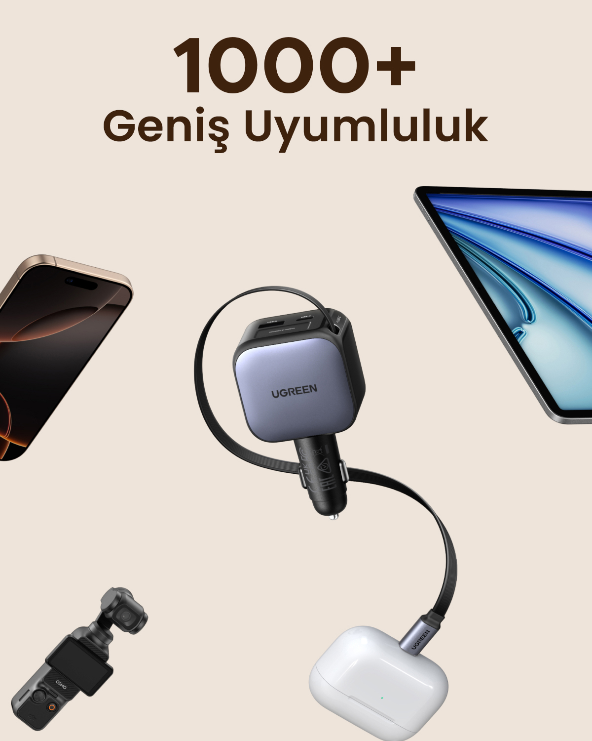 Bir akıllı telefon, tablet, araç şarj cihazı, gimbal ve kulaklık.