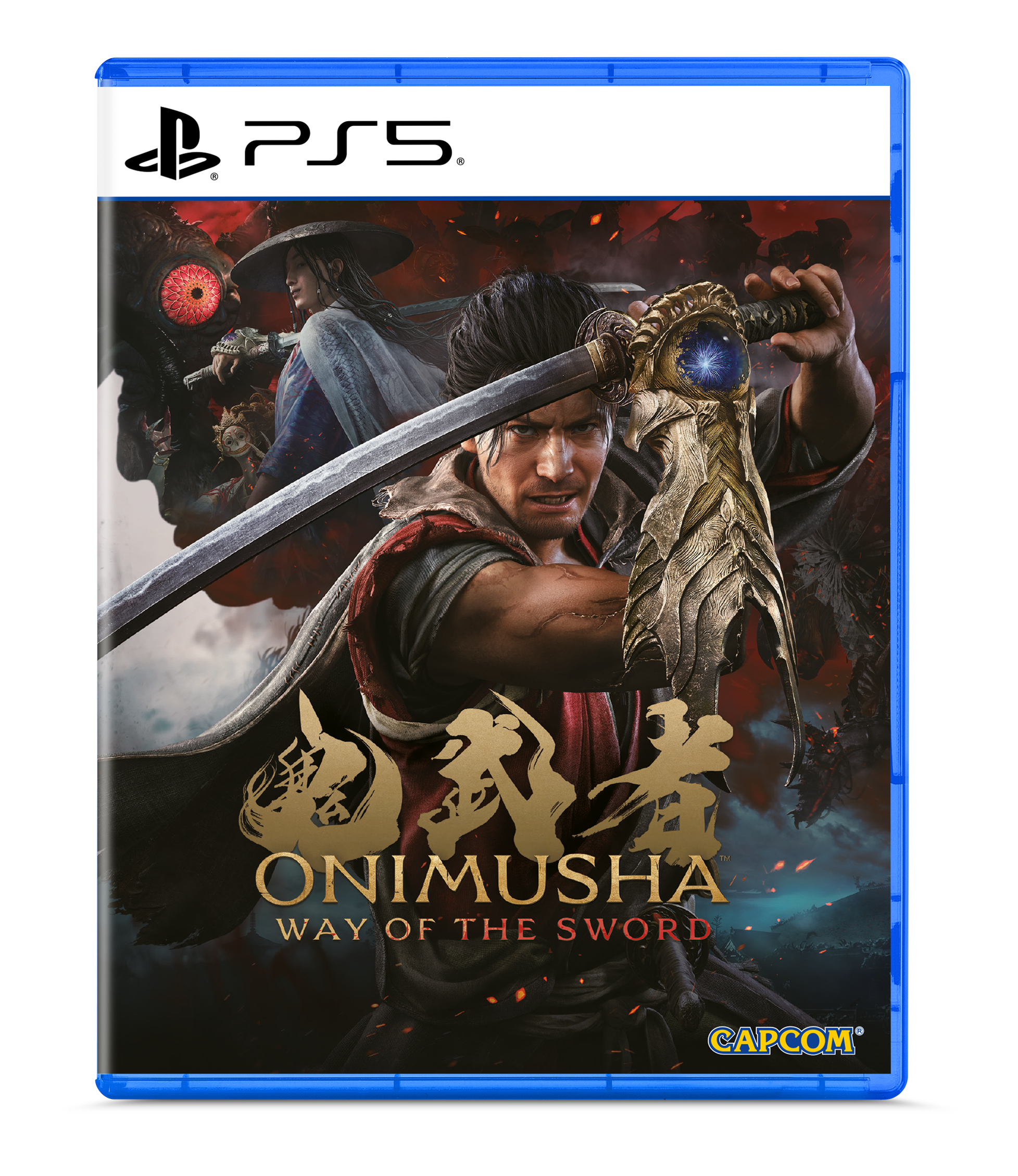 PS5 Spielcover: Mann mit Schwert, Monster, japanische Schriftzeichen, Capcom-Logo.
