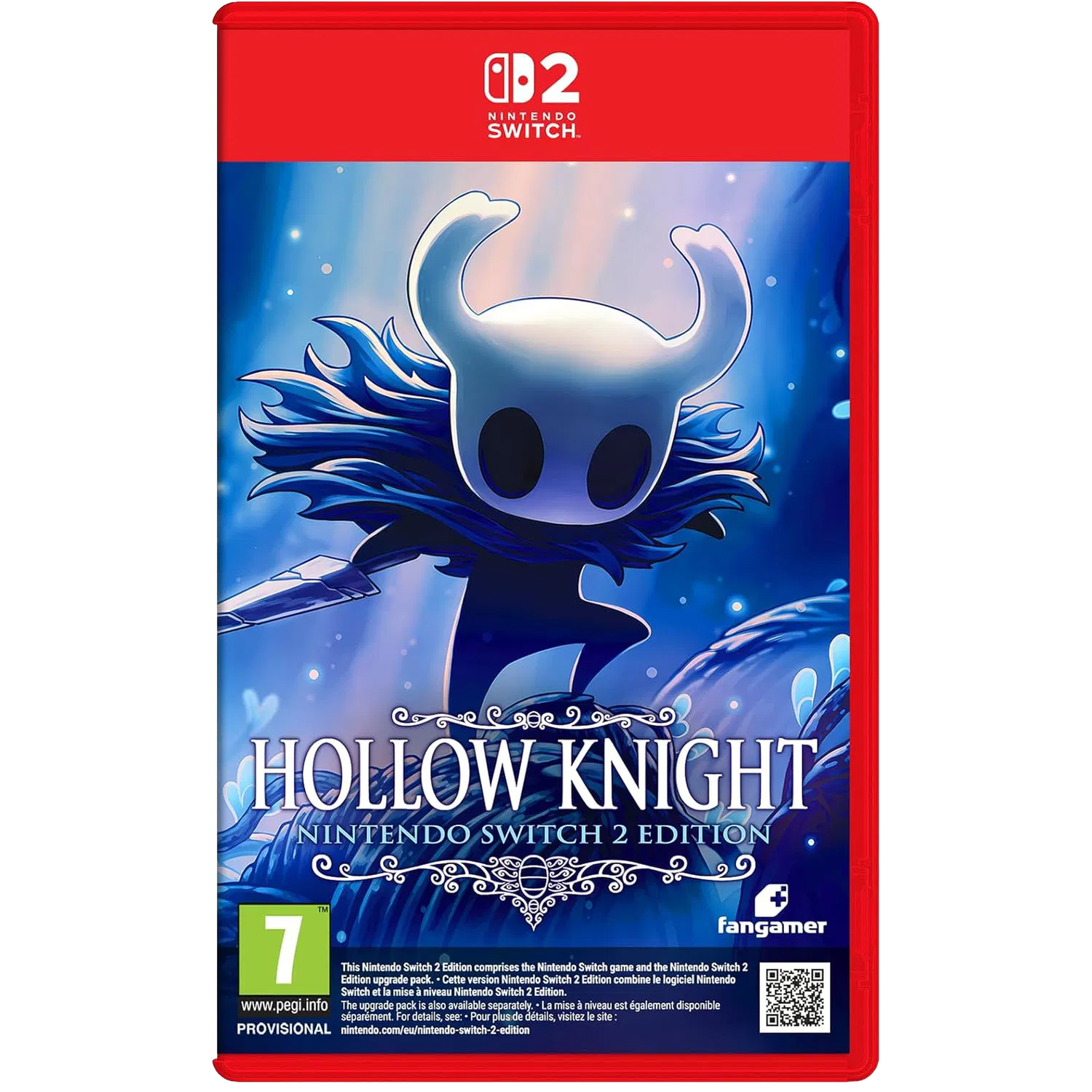 Couverture du jeu Hollow Knight avec une figure blanche casque et épée.