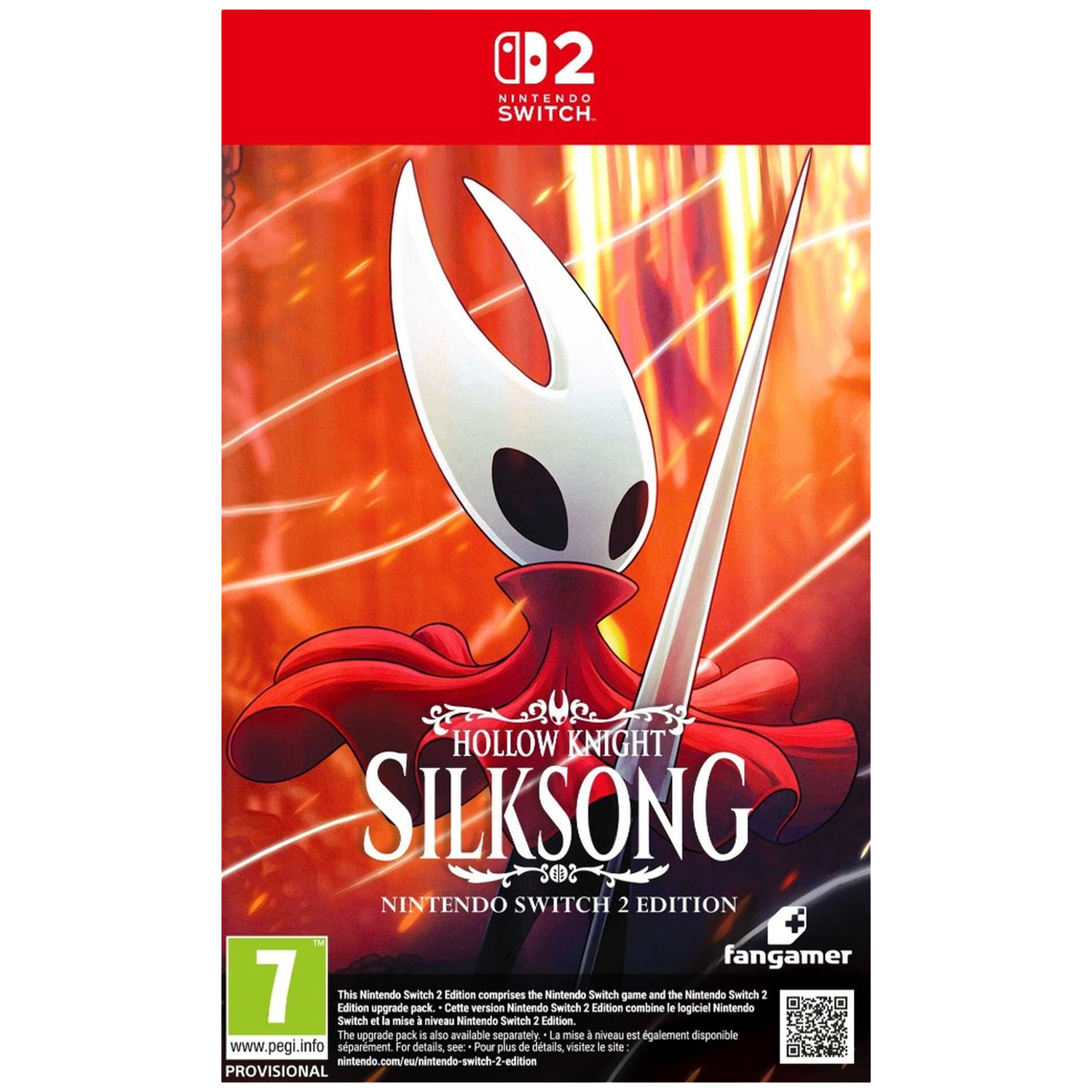 La jaquette de Hollow Knight: Silksong pour Nintendo Switch montre le personnage Hornet sur fond rouge.