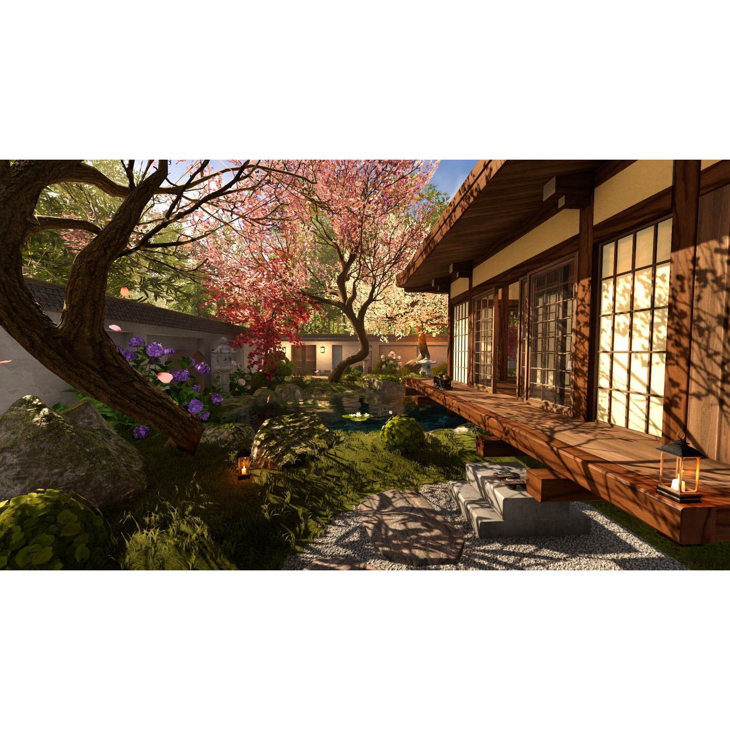 Un jardin japonais avec un étang, des cerisiers en fleurs et une maison en bois.