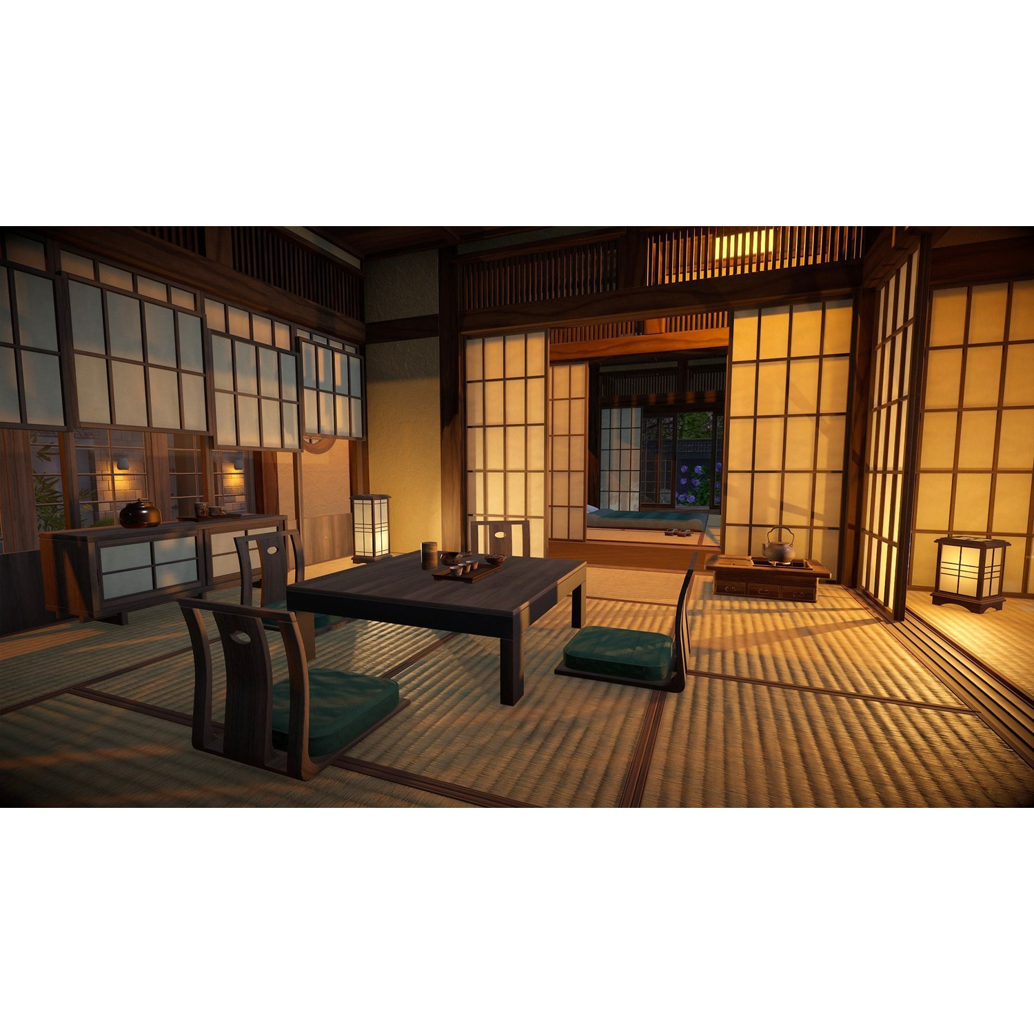 Une chambre japonaise avec tapis tatami, table en bois, chaises et paravents shoji.