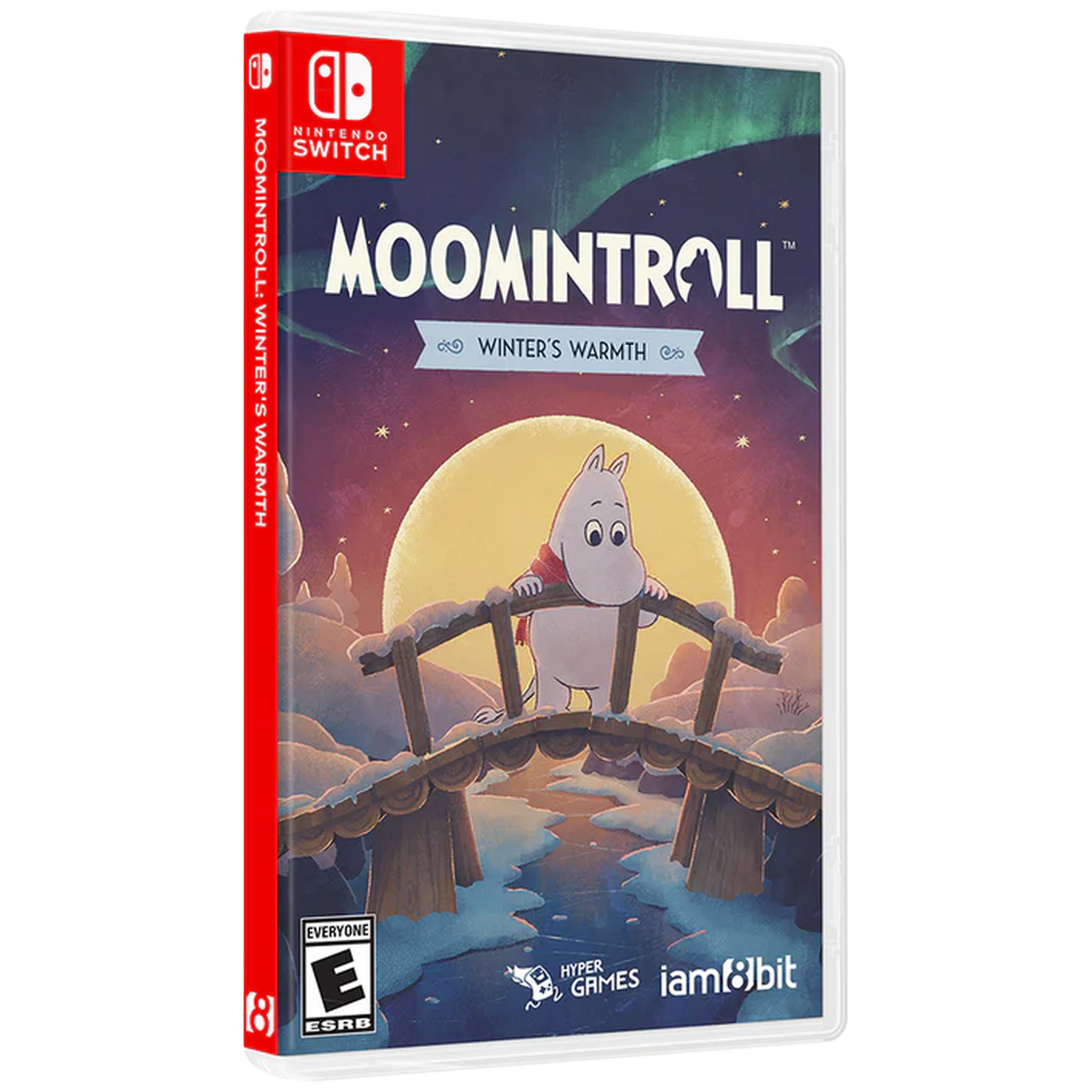 Moomintroll sur un pont enneigé avec une pleine lune et le logo Nintendo Switch.