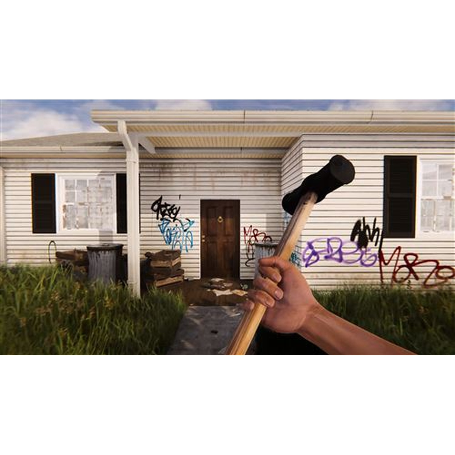 Een hand houdt een sloophamer voor een huis met graffiti. Gras en vuilnisbak op de voorgrond.