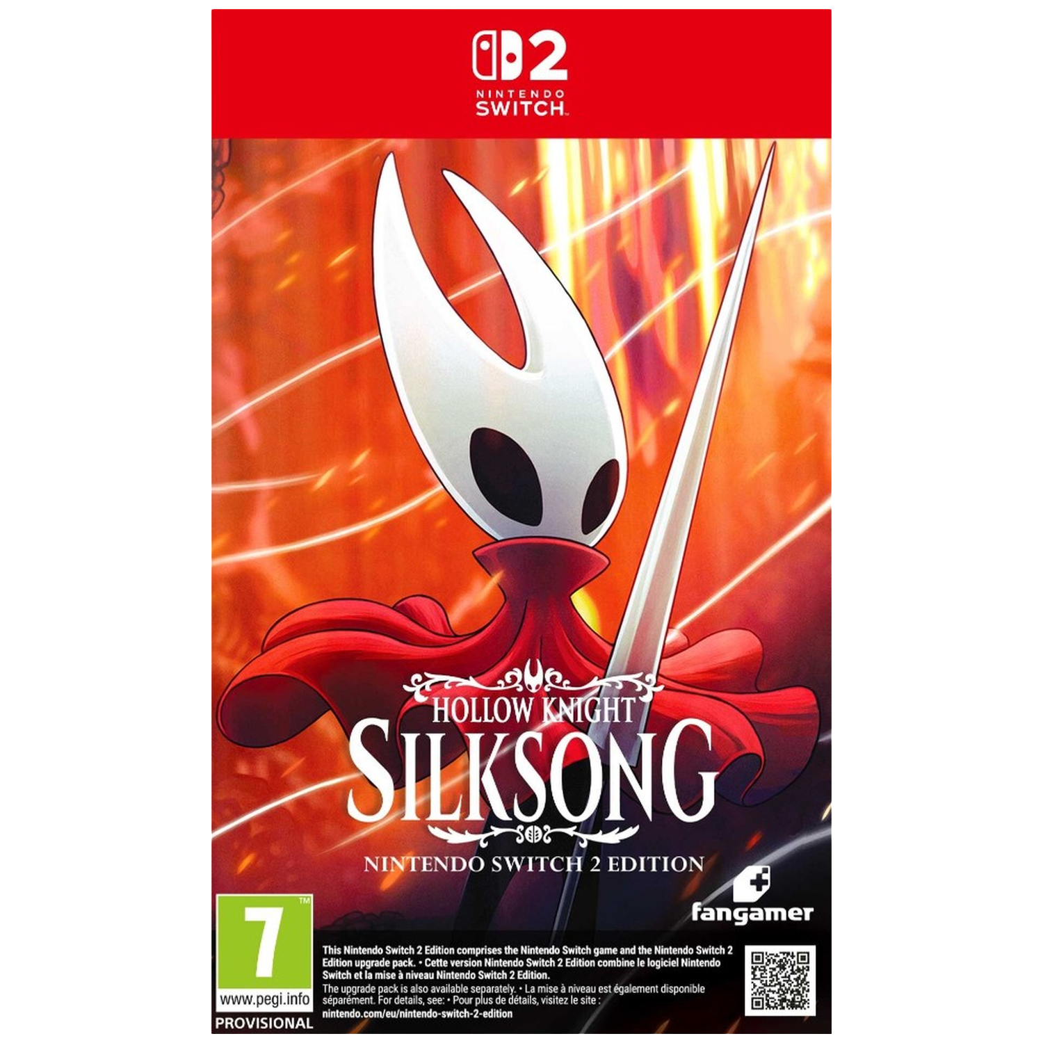 Hollow Knight: Silksong Nintendo Switch cover art met het personage Hornet op de voorgrond.