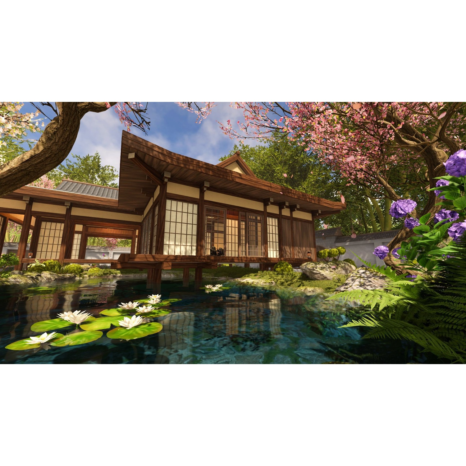 Traditioneel Japans huis bij een vijver met waterlelies en kersenbloesems.