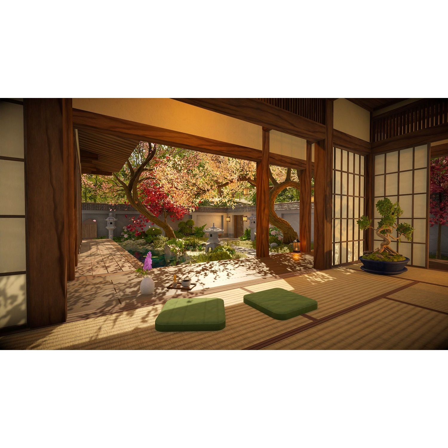Rustige Japanse kamer met tatamimatten, kussens en uitzicht op de tuin.
