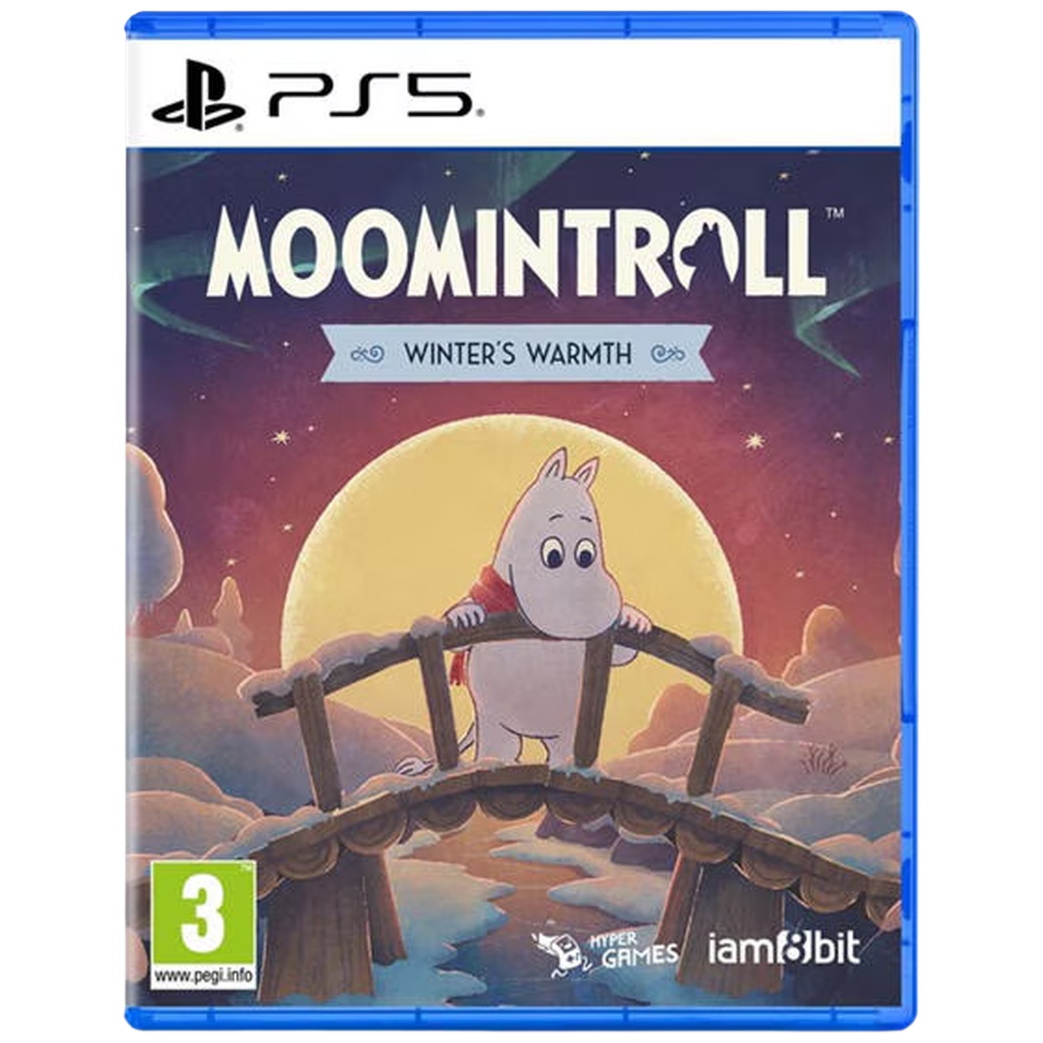 Een Moomin staat op een brug onder de maan. PS5 gamecover.