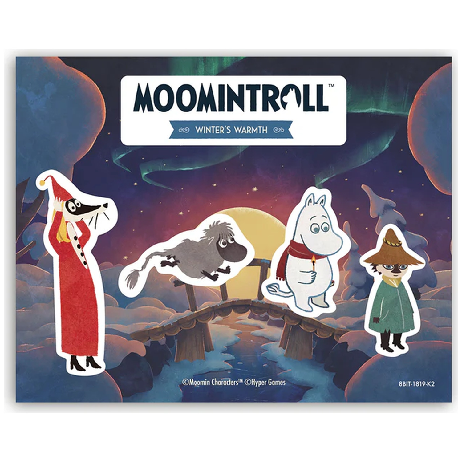 Moomintroll-personages op een brug onder het noorderlicht. Winterse scène.