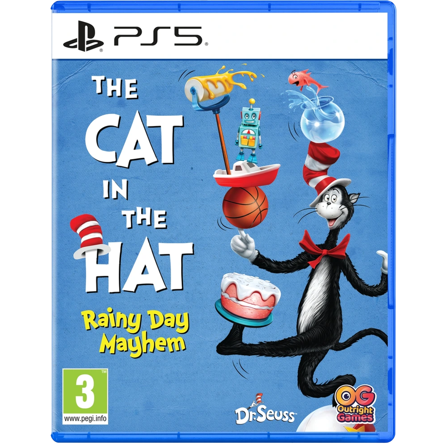 De cover van The Cat in the Hat: Rainy Day Mayhem PS5 game toont de Kat die met voorwerpen jongleert.