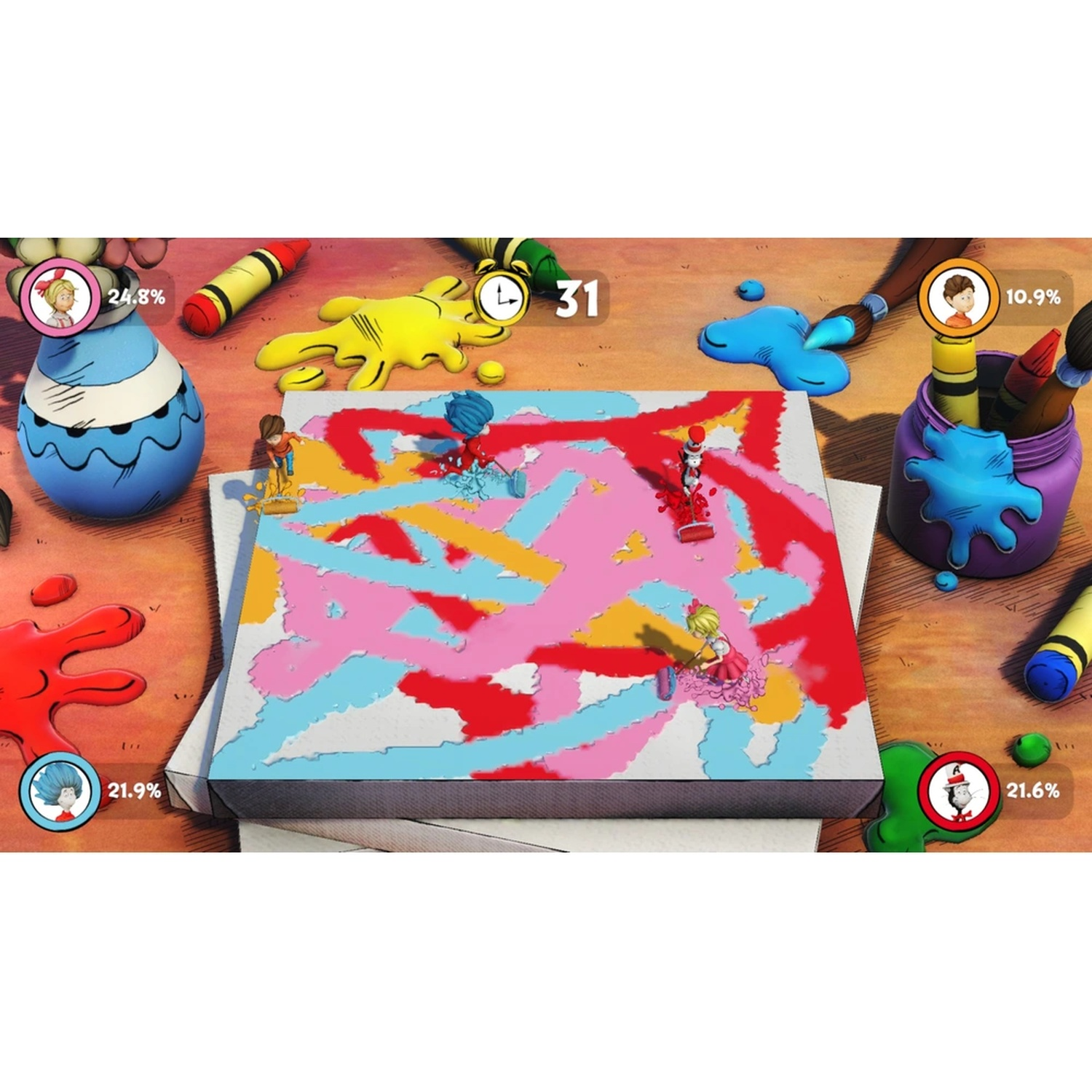 Kleurrijk canvas met kleine schilderende figuren, omringd door verf en kleurpotloden.