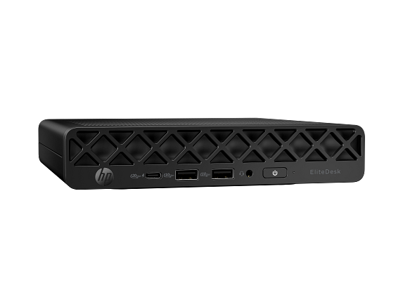 Mini PC HP EliteDesk negro con puertos USB, audio y botón de encendido.