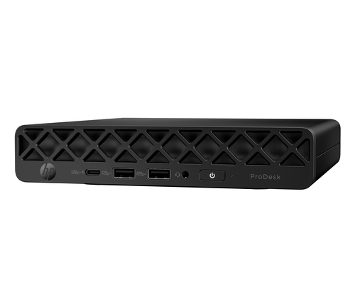 Un mini PC HP ProDesk negro con rejilla de ventilación, puertos y botón de encendido.