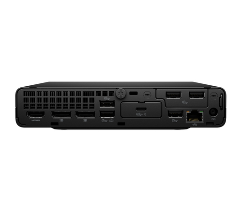 Parte trasera de un mini PC negro con ventilación, puertos HDMI, USB y Ethernet.