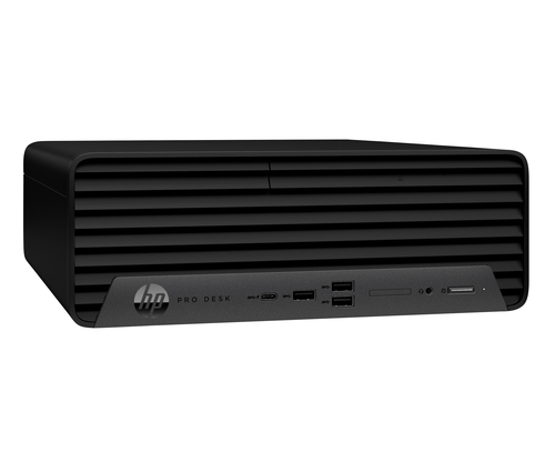 Ordenador HP Pro Desk negro con ventilaciones y puertos frontales.