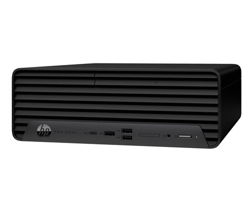 Ordenador negro HP Pro Desk con rejillas de ventilación y puertos frontales.