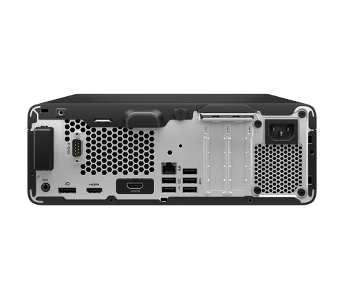 Vista trasera de un PC mostrando puertos como USB, HDMI, alimentación y rejillas.