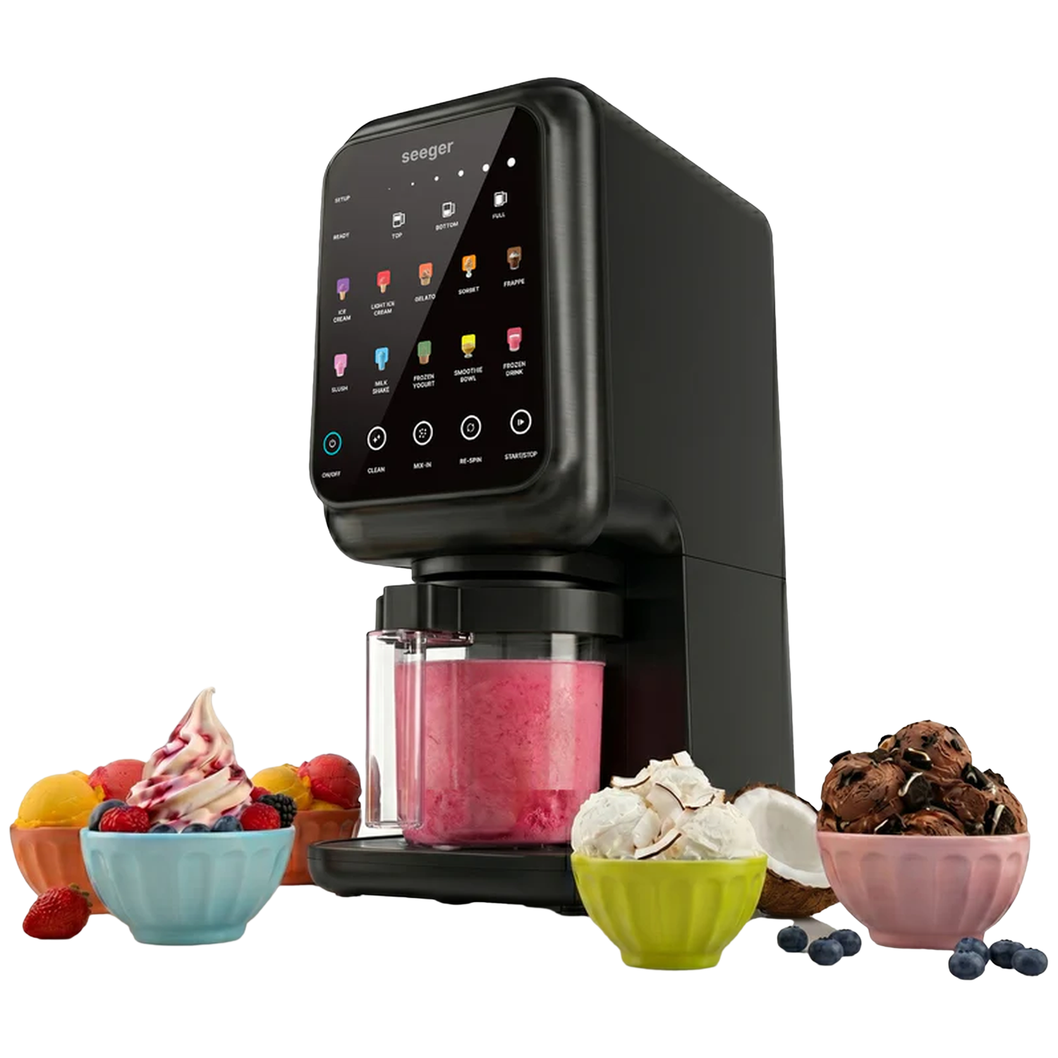 Een zwarte ijsmachine met diverse bakjes ijs en fruit ernaast.
