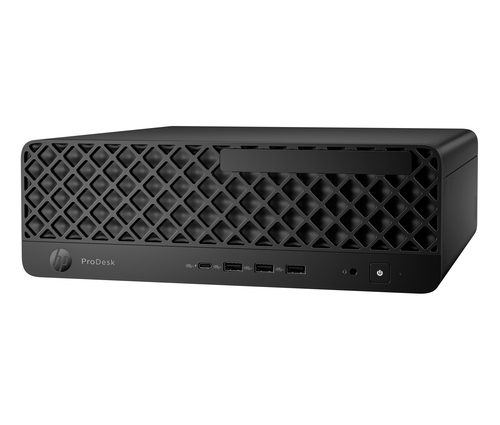 Ordenador HP ProDesk negro con patrón de rejilla frontal y puertos.