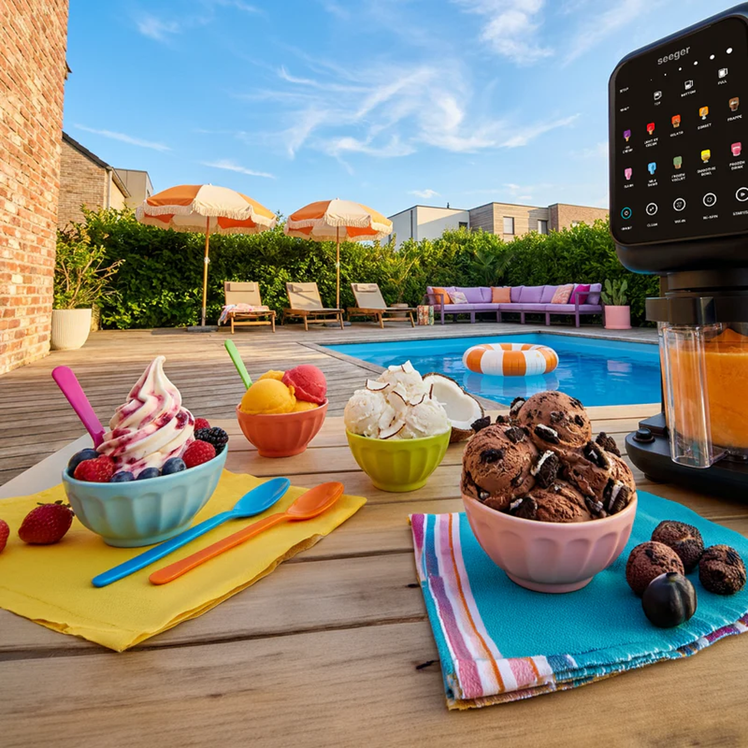 Schalen met ijs en een smoothie-maker bij een zwembad met ligstoelen en parasols.