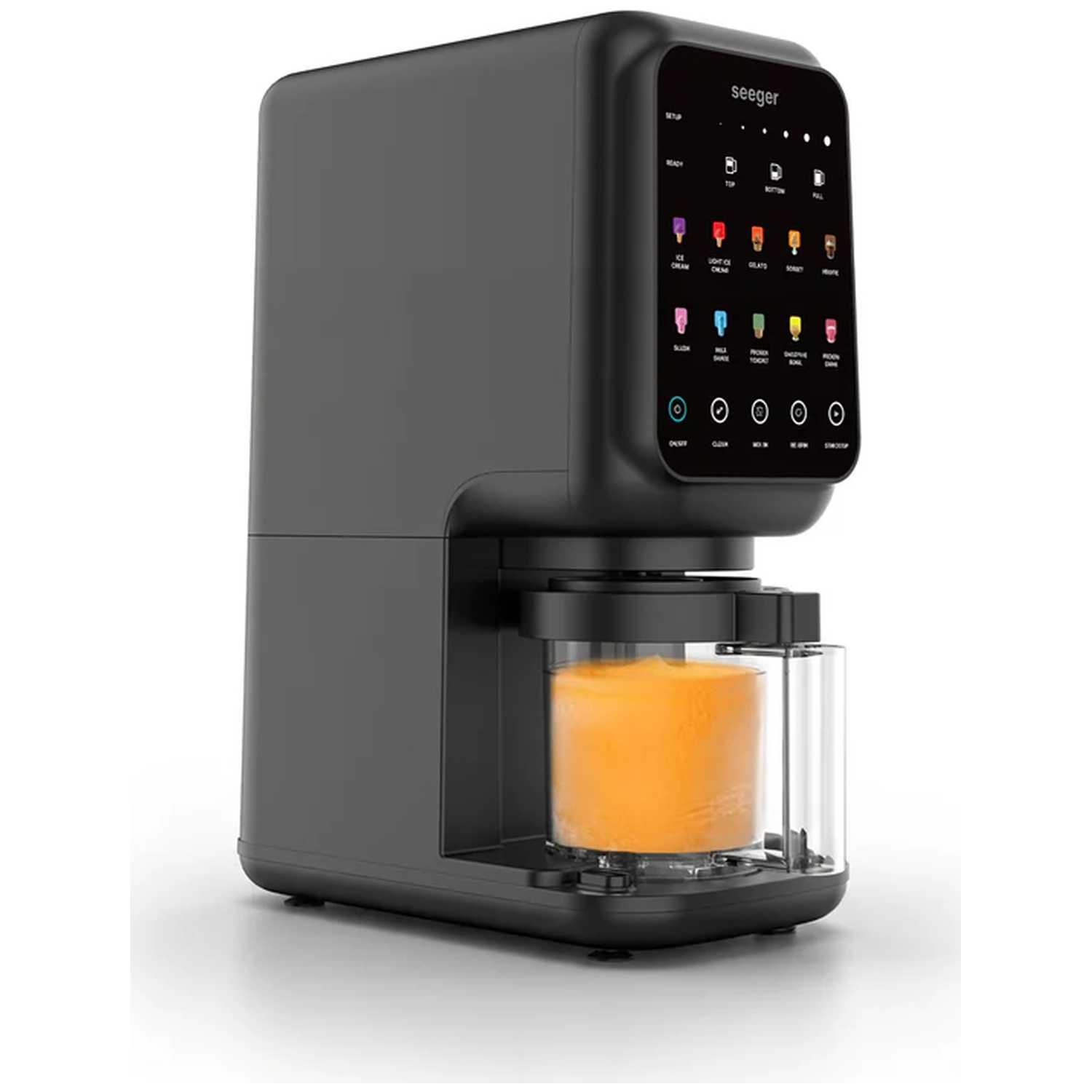 Une sorbetière Seeger noire avec un récipient rempli de glace orange.