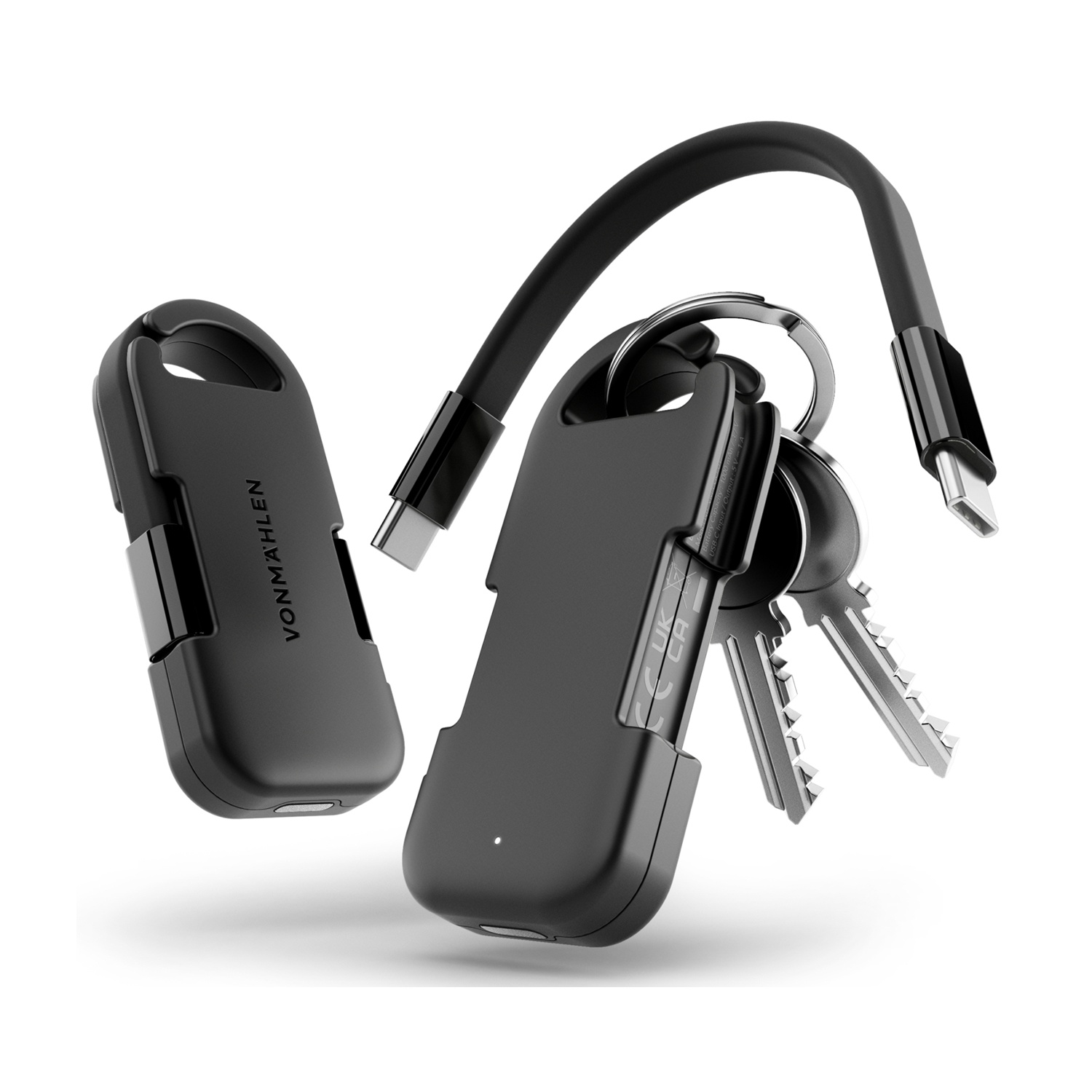 Due portachiavi neri con cavo USB-C e chiavi su sfondo bianco.