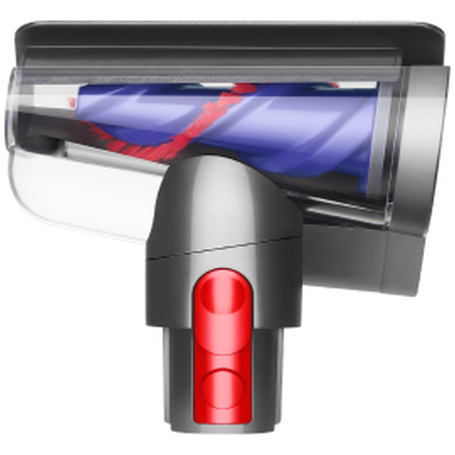Gros plan d'une tête d'aspirateur avec une brosse bleue et des poils rouges.