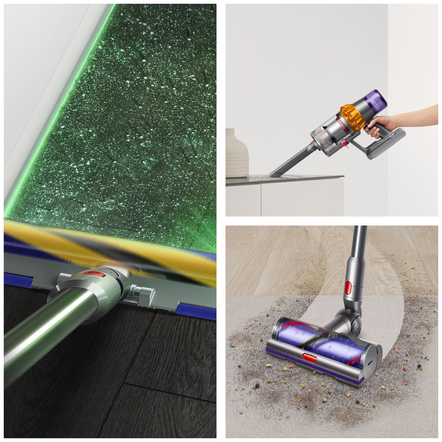 Aspirateur Dyson nettoie sols et meubles avec brosses.