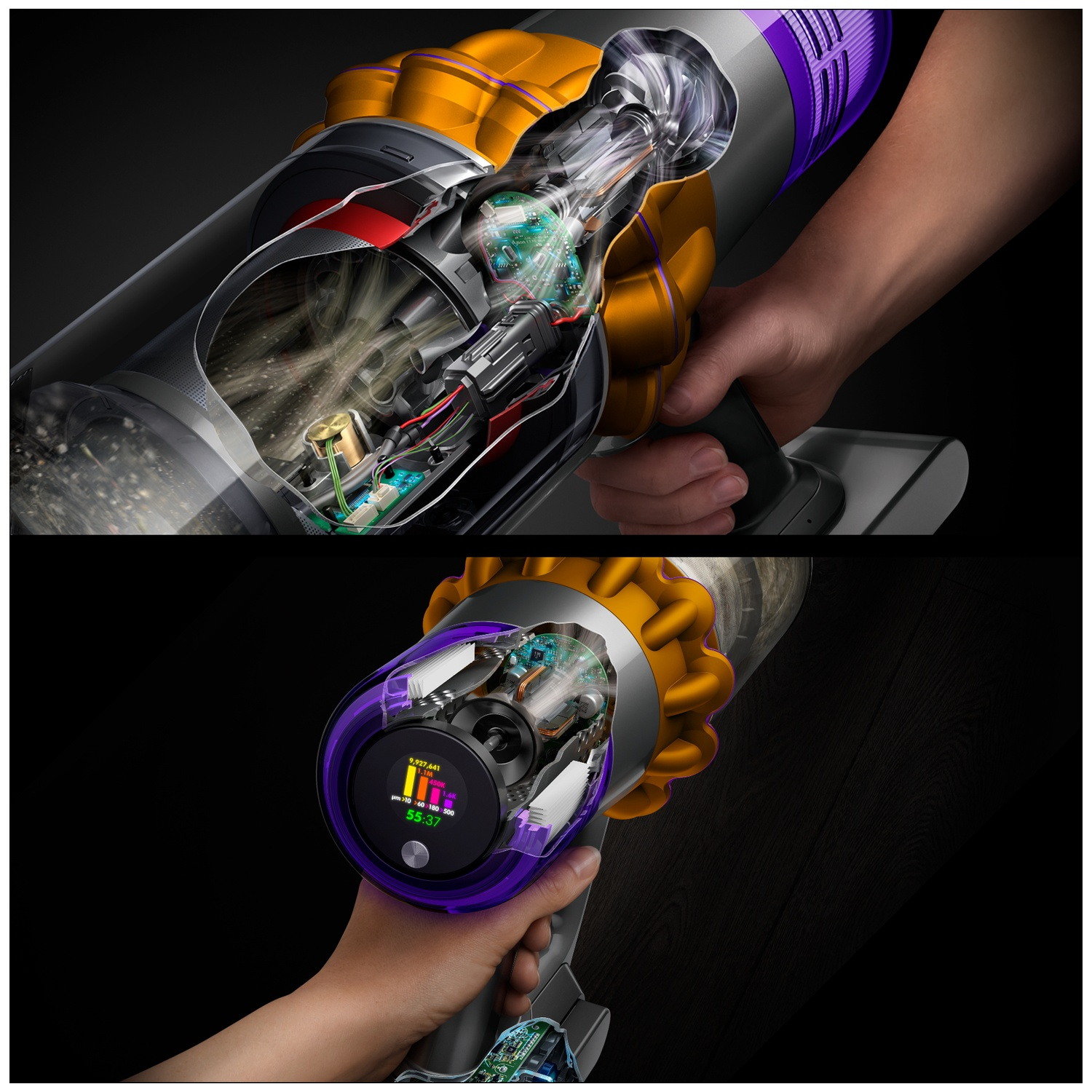 Une personne tient un aspirateur Dyson en coupe, montrant les composants internes.