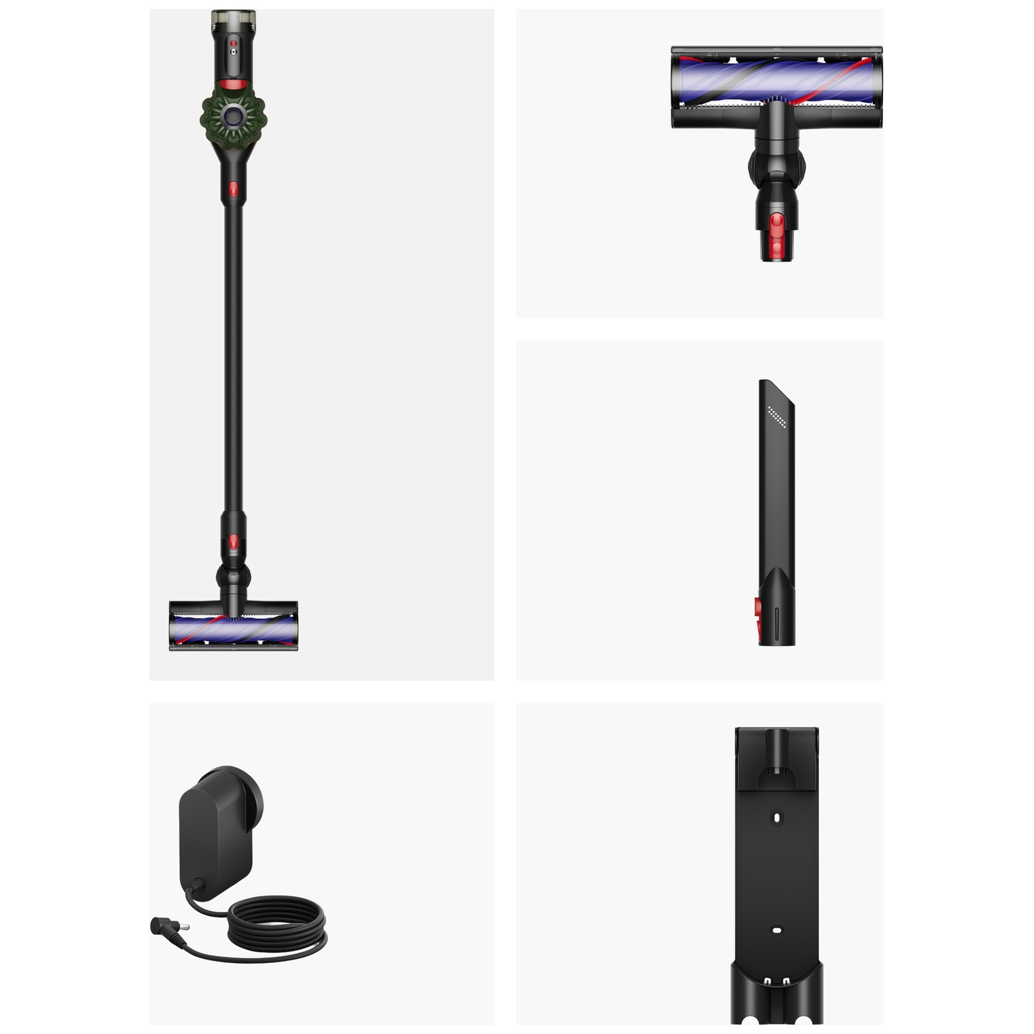 Aspirateur balai noir avec manche vert, tête de brosse, câble de chargement et support mural.