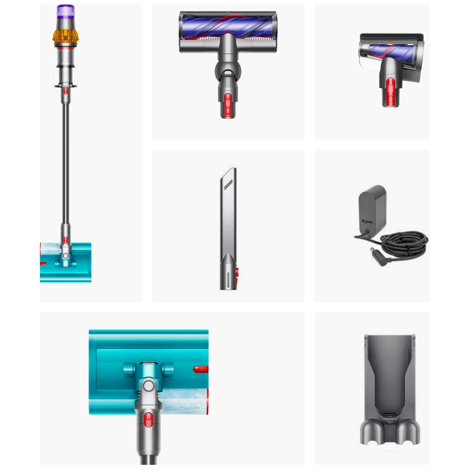 Un aspirateur Dyson avec accessoires : unité principale, brosses, suceur plat, chargeur et support.