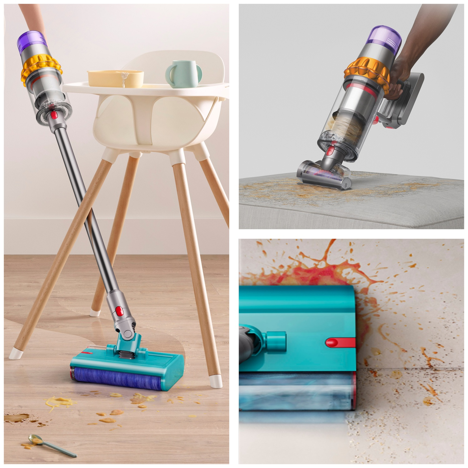 Un aspirateur sans fil nettoie les déversements sur parquet, tissus d'ameublement et carrelage.