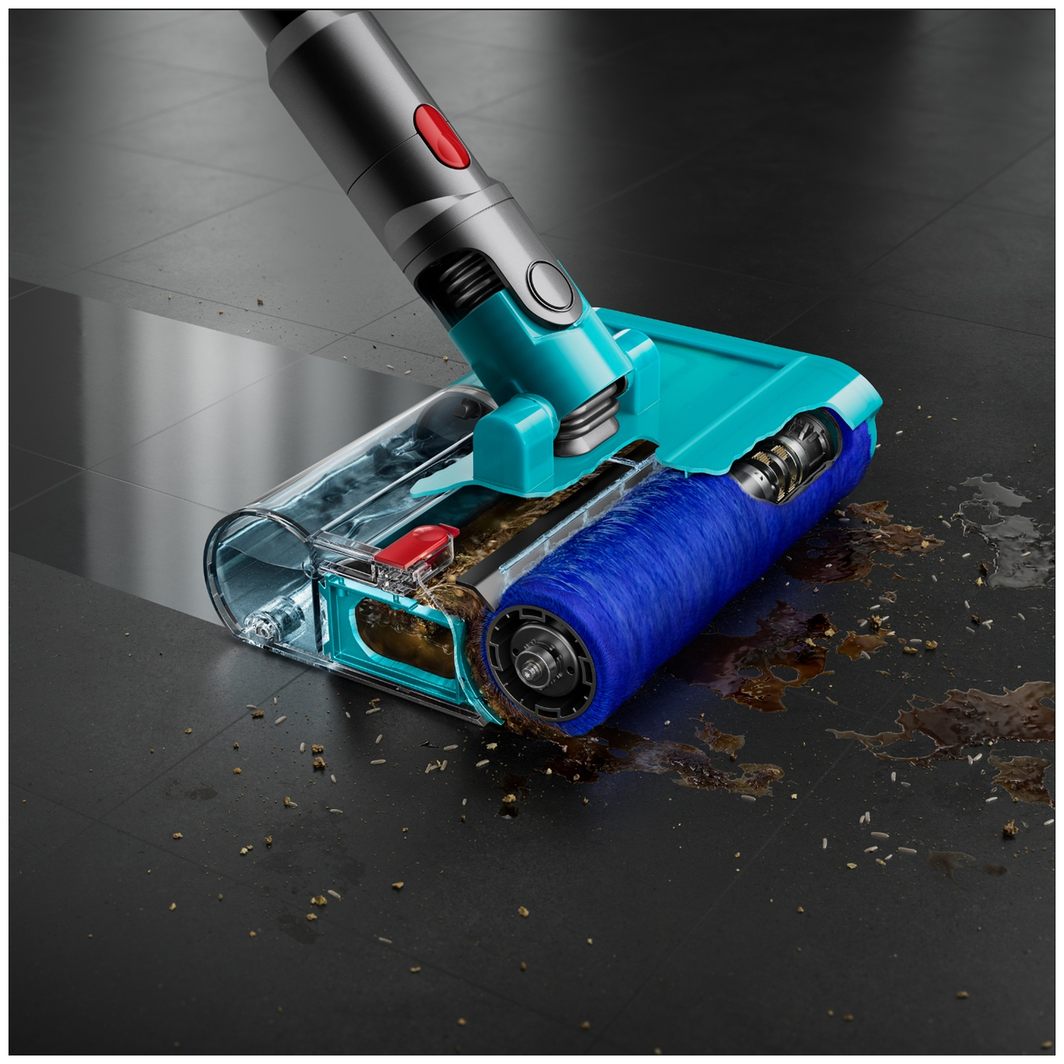 Une tête de brosse bleue d'aspirateur ramasse saleté et liquide.