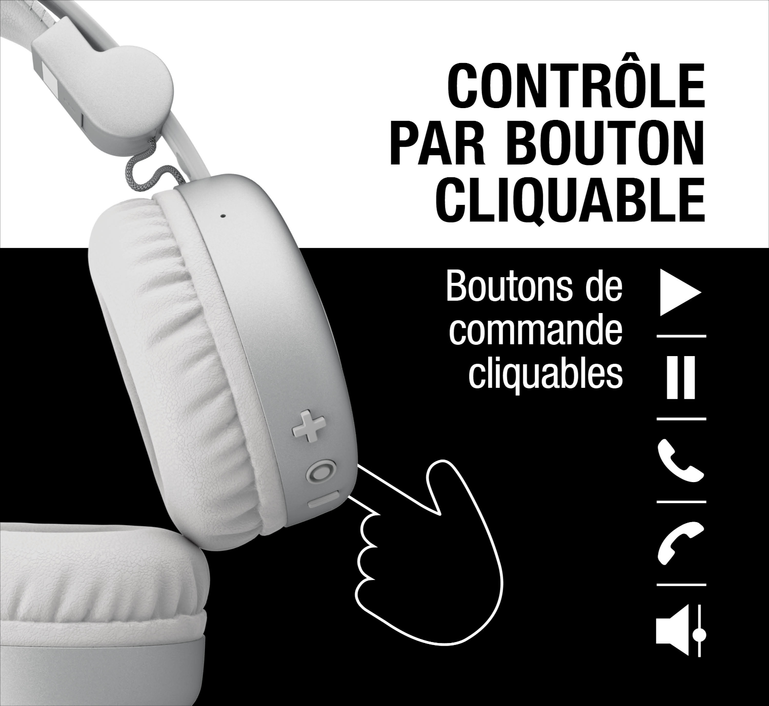Casque blanc avec commandes et icônes de lecture, pause, appel et volume.